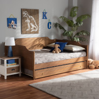 Baxton Studio MG0016-1-Walnut-Daybed-FT Baxton Studio Alya Classic Traditional Farmhouse Walnut Brown Finished Wood Full Size Daybed with Roll-Out Trundle Bed